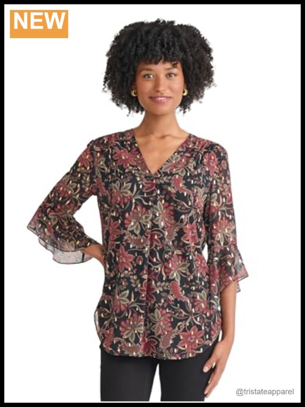 Jones New York Women's 3/4 Flutter Sleeve Printed Top - V-Neck Tunic